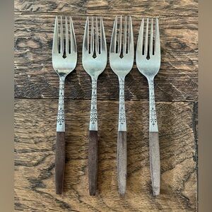 Vintage Interpur Japan MCM Stainless Flatware Synthetic Wood Salad Forks (4)